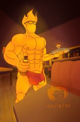 absurdres alcohol bartender beer booth_seating diner fire fire_body glasses grillby highres holding holding_tray hot male_focus muscular muscular_male nipples precum tagme thong tray undertale utdr_(toby_fox)