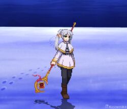 1girl animated boots breasts crossover elf fighting_stance frieren green_eyes grey_hair half-closed_eyes legs long_hair melty_blood official_style pantyhose pixel_art pointy_ears serious skirt small_breasts snow solo sousou_no_frieren staff tagme thighs tsukihime twintails video
