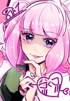 Rule 34 | 0o myon o0, 1girl, bow, bracelet, breasts, collared shirt, commentary request, drill hair, drill sidelocks, eyeshadow, flipped hair, fur jacket, hair bow, hairband, hand up, heart, index finger raised, jacket, jewelry, klara (pokemon), makeup, medium breasts, mole, mole under mouth, nintendo, pink eyeshadow, pink hair, pink lips, pokemon, pokemon swsh, print shirt, purple eyes, ring, shirt, short hair, sidelocks, smile, solo, two-tone shirt, upper body, white bow, white hairband