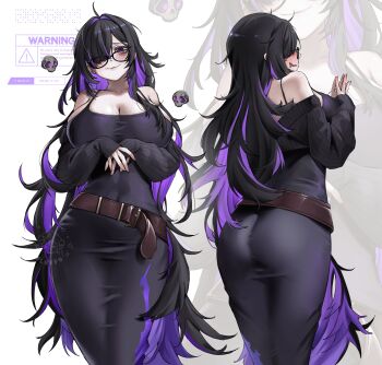 1girl absurdres bags_under_eyes black-framed_eyewear black_cardigan black_dress black_hair blush breasts cardigan colored_inner_hair commentary dress drooling english_commentary floating_skull fluffu_art glasses goddess_of_victory:_nikke hair_over_one_eye highres label_(nikke) large_breasts long_hair looking_at_viewer mojyo mole mole_on_breast mouth_drool multicolored_hair multiple_views nervous_smile purple_eyes purple_hair purple_streaks smile solo sweat taut_clothes taut_dress two-tone_hair