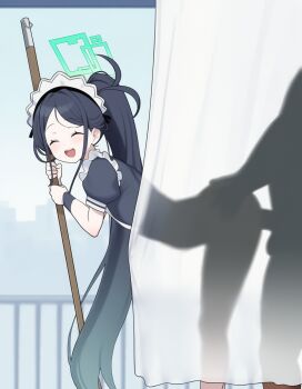 1boy 1girl ^_^ apron aris_(blue_archive) aris_(maid)_(blue_archive) bent_over black_dress black_hair blue_archive blush closed_eyes curtains dress frills halo happy_sex hetero holding leaning_forward loli long_hair maid maid_apron maid_headdress official_alternate_costume open_mouth penis ponytail puffy_short_sleeves puffy_sleeves sex sex_from_behind short_sleeves silhouette smile solo_focus standing standing_sex teeth transparent twt102 upper_teeth_only very_long_hair white_apron