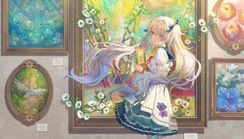 1girl 25-ji_miku apple bird blue_eyes blue_flower blue_sailor_collar bubble colorful_palette colors_of_pure_sense_(project_sekai) curly_hair feet_out_of_frame floral_print flower food frilled_shirt frills fruit game_cg grey_hair hatsune_miku heterochromia highres lace lace-trimmed_skirt lace_trim layered_skirt long_hair official_art painting_(object) pink_eyes pleated_skirt project_sekai red_ribbon ribbon sailor_collar shirt short_sleeves sidelocks skirt smile solo spread_wings third-party_source truss twintails underwater very_long_hair vocaloid watch white_bird white_flower white_skirt wristwatch