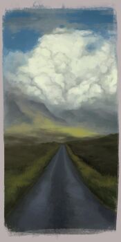 Rule 34 | absurdres, cloud, cloudy sky, commentary, day, english commentary, highres, hill, mountainous horizon, no humans, original, outdoors, painterly, road, scenery, sky, toebeez