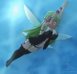 1girl air_bubble aloe_(ishuzoku_reviewers) animated asphyxiation blowing_bubbles breasts bubble drowning fairy fairy_wings green_eyes green_hair high_heels holding_breath ishuzoku_reviewers large_breasts long_hair navel puffy_cheeks straight_hair submerged swimming tagme tattoo underwater video water wings