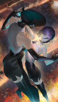 2girls absurdres apron ass black_apron black_choker black_gloves black_shorts black_thighhighs bomb_devil_(chainsaw_man) chainsaw_man choker closed_mouth elbow_gloves gloves green_eyes grenade_pin hair_between_eyes highres multiple_girls object_head purple_hair reze_(chainsaw_man) shirt shorts sleeplessrhythm sleeveless sleeveless_shirt smile thighhighs white_shirt