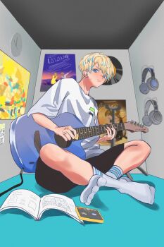 Rule 34 | 1boy, black shorts, blonde hair, blue eyes, blue hair, blush, book, clock, closed mouth, commentary request, crew neck, frown, full body, guitar, headphones, hibachi mana, highres, holding, holding guitar, holding instrument, indian style, instrument, kabu mzk, la la land, looking down, male focus, multicolored hair, music, nijisanji, open book, parted bangs, playing guitar, playing instrument, poster (object), shirt, short hair, short sleeves, shorts, sitting, socks, solo, streaked hair, sweatdrop, t-shirt, vinyl record, virtual youtuber, wall clock, white shirt