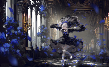 1girl architecture black_dress candle castle closed_eyes dress dynamic_pose gothic_architecture high_heels highres indoors long_hair long_sleeves missile228 open_mouth original petals skirt smile solo thighhighs white_hair white_thighhighs