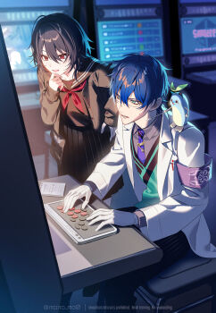 1boy 1girl arcade black_cardigan black_pants black_sailor_collar black_skirt blue_hair cardigan clenched_teeth coat collared_shirt commentary gloves green_eyes green_sweater_vest grey_shirt hand_on_own_chin highres iris_black_games kisaragi_ren_(vspo!) lab_coat leaning_forward leos_vincent mameneko_(leos_vincent) manomenou mascot neckerchief nijisanji notepad official_alternate_costume official_alternate_hairstyle open_mouth pants parted_lips pike_(weapon) pinstripe_pants pinstripe_pattern pleated_skirt pointing polearm red_eyes red_neckerchief sailor_collar shirt short_hair skirt smile standing sweatdrop sweater_vest teeth tie_clip virtual_youtuber vspo! weapon white_coat white_gloves