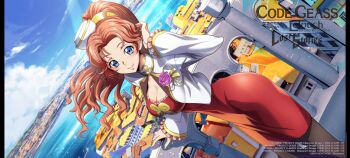 1girl black_pantyhose blue_eyes blush breasts cleavage cloud code_geass code_geass:_lost_stories code_geass:_soubou_no_oz commentary_request copyright_name dress dutch_angle f4samurai floating_hair hand_on_own_head hat highres jacket logo long_hair looking_at_viewer marrybell_mel_britannia medium_breasts ocean official_art orange_hair outdoors pantyhose parted_hair red_dress sky smile solo white_hat white_jacket