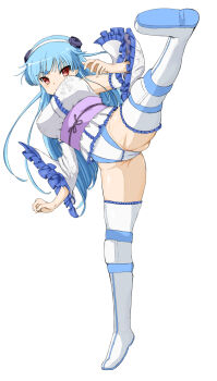 1girl blue_hair boots cacaodecocoa cameltoe female_focus flower frilled_thighhighs frills hair_flower hair_ornament hairband highres kokoneri long_hair looking_at_viewer obi red_eyes ring_dream sasaki_yukime sash simple_background solo thighhighs white_background white_thighhighs yuki_onna_(ring_dream)