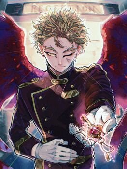 1boy absurdres alternate_costume arm_up bellhop_uniform black_coat blonde_hair boku_no_hero_academia buttons closed_mouth coat collared_coat commentary_request cowboy_shot double-breasted facial_scar feathered_wings forked_eyebrows gloves gold_trim hand_on_own_stomach hawks_(boku_no_hero_academia) highres holding holding_key key looking_at_viewer male_focus one_eye_closed outstretched_arm red_wings scar scar_on_cheek scar_on_face short_hair smile solo white_gloves wings yellow_eyes yl_nui