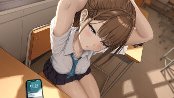 1girl absurdres aoi_tiduru arms_behind_head arms_up black_skirt blue_eyes blush breast_pocket breasts brown_hair chair classroom collared_shirt desk diagonal-striped_clothes diagonal-striped_necktie earrings from_above gyaru hair_ornament hairclip half-closed_eyes highres indoors jewelry kogal long_hair looking_down medium_breasts miniskirt mole mole_under_eye necktie original parted_lips pleated_skirt pocket ponytail school school_chair school_desk school_uniform shirt short_sleeves sitting skirt solo striped_clothes thighs tying_hair white_shirt