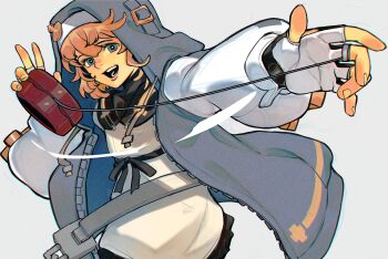 1girl absurdres blonde_hair blue_eyes bridget_(guilty_gear) cuffs fingerless_gloves franzkafkaffee gloves guilty_gear guilty_gear_strive handcuffs highres hood hood_up hooded_jacket hoodie jacket looking_at_viewer open_clothes open_hoodie open_mouth short_hair smile solo yo-yo