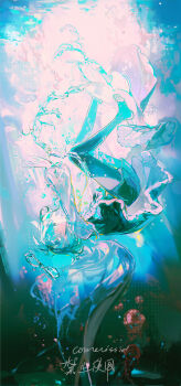 1girl absurdres aqua_hair aqua_leggings black_shorts bubble character_request chinese_text commission copyright_request english_text full_body highres jellyfish leggings long_sleeves reaching shirt short_hair shorts solo toeless_legwear underwater upside-down white_shirt wide-eyed yellow_eyes zhichitianshi