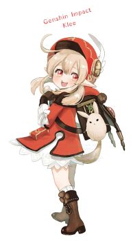 1girl backpack bag bloomers boots brown_boots brown_gloves character_name charm_(object) commentary_request copyright_name dress full_body genshin_impact gloves hat hat_ornament highres hitsuki_(hiidukii) klee_(genshin_impact) looking_back low_twintails newsboy_cap pointy_ears pouch randoseru red_dress red_hat short_dress solo twintails underwear watermark white_bloomers