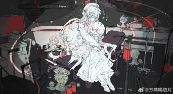 1girl absurdres ambiguous_red_liquid ankle_boots ayn_alwyn ayn_alwyn_(eden) ayn_alwyn_(godheim) ayn_alwyn_(infinite_empire) ayn_alwyn_(mist_city) ayn_alwyn_(spirit_world) bath bath_of_blood bathtub beaker beret blood blood_bag boots cardigan character_doll closed_eyes closed_mouth colored_eyelashes doll examination_table fang_zheng_gao_qiepian flask fold-over_boots full_body grand_piano greyscale hair_between_eyes hair_ribbon hat heroine_(lovebrush_chronicles) highres holding holding_doll hugging_doll hugging_object instrument intravenous_drip iv_stand long_hair long_skirt long_sleeves lovebrush_chronicles monochrome piano ribbon screen sitting skirt smile solo sparkle spot_color string string_of_fate surgical_light test_tube test_tube_rack watermark weibo_watermark