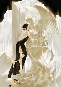 Rule 34 | 1girl, absurdres, barefoot, black dress, breasts, column, commentary request, crack, dress, feathered wings, gost 56, hair bun, hand on another's chest, high heels, highres, indoors, knee up, korean commentary, long sidelocks, muscular, muscular male, original, outstretched arm, pillar, side slit, sidelocks, standing, standing on one leg, statue, topless male, white wings, wings