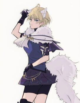 1girl ahoge ascot black_shorts blonde_hair blue_eyes fake_tail fire_emblem fire_emblem_engage gloves looking_at_viewer merrin_(fire_emblem) nintendo oda32t pelt short_hair shorts smile solo tail white_ascot wolf wolf_tail