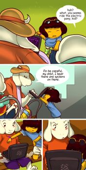 2boys 2girls alphys alternate_universe anadapta androgynous asriel_dreemurr bench bracelet comic computer english_text eyewear_on_head frisk_(undertale) highres jewelry laptop monster_boy monster_girl multiple_boys multiple_girls park pointing sans_(undertale) skeleton spoilers toriel undertale utdr_(toby_fox)