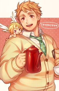 1boy blonde_hair brown_eyes cherub coffee_mug coffee_pot cup cupid_(housamo) gozu_farm green_neckwear highres looking_at_viewer male_focus mug necktie smile teapot tennouji_shin'ya tokyo_houkago_summoners upper_body