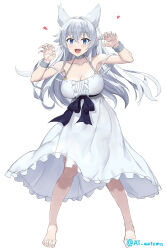 Rule 34 | 1girl, :d, animal ears, at automa, bare shoulders, barefoot, black sash, blue eyes, breasts, center frills, claw pose, cleavage, collarbone, crossed bangs, dress, fang, fenrys, fingernails, flipped hair, floating hair, frilled dress, frills, full body, grey choker, hair between eyes, hands up, large breasts, legs apart, light blush, long hair, looking at viewer, lv2 kara cheat datta moto yuusha kouho no mattari isekai life, open mouth, sash, sharp fingernails, simple background, smile, solo, standing, strap slip, teeth, twitter username, upper teeth only, white background, white dress, white hair, wristband