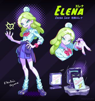 1girl arm_up loose_socks billboard blush bow bowtie bracelet buttons character_name colored_skin donuttypd dots earrings electricity elena_(donuttypd) eyeshadow green_eyes green_hair gyaru hand_on_own_hip hand_up heart jewelry light_bulb lightning_bolt_earrings lightning_bolt_symbol long_hair long_sleeves looking_at_viewer makeup mimic monster_girl multicolored_nails open_mouth open_sign original pink_skin pleated_skirt pocket purple_footwear purple_skirt rain red_bow red_bowtie sharp_teeth shine shirt sign single_earring single_tooth skirt smile socks striped_background teeth v white_shirt white_socks