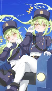 2girls absurdres armband belt blazer blue_archive blue_sky boots commentary crop_top crop_top_overhang gloves green_hair halo hat hello-ghiblisan highres hikari_(blue_archive) jacket long_hair looking_at_viewer multiple_girls nozomi_(blue_archive) open_mouth pantyhose pointy_ears shako_cap shirt sky twintails very_long_hair white_gloves white_pantyhose white_shirt yellow_eyes