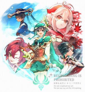 Rule 34 | 5boys, :d, ;p, ahoge, anemo symbol (genshin impact), antenna hair, aqua gem, aqua hair, artist name, bandaged hand, bandages, bead necklace, beads, beret, black bow, black bowtie, black choker, black gloves, black hair, black scarf, blue cape, blue hat, blue ribbon, blue sky, blunt ends, bow, bowtie, braid, brown corset, cape, capelet, choker, closed mouth, cloud, commentary, corset, cowboy shot, cropped legs, crossed arms, crossed bangs, day, english commentary, facial mark, feathers, flower, forehead mark, frilled sleeves, frills, gem, genshin impact, glint, gloves, gradient hair, green cape, green capelet, green eyes, green hair, green hat, green shorts, hair between eyes, hand up, hat, hat flower, hat ribbon, highres, holding, holding instrument, holding leaf, holding lyre, instrument, jagabokkuru, jewelry, jingasa, kaedehara kazuha, leaf, long sleeves, looking ahead, looking at viewer, low ponytail, lyre, male focus, maple leaf, medium hair, mole, mole under each eye, mole under eye, multicolored hair, multiple boys, multiple moles, necklace, one eye closed, open mouth, pantyhose, parted bangs, parted lips, pom pom (clothes), ponytail, profile, puffy shorts, purple eyes, red eyes, red hair, red scarf, red streaks, ribbon, scaramouche (genshin impact), scarf, shikanoin heizou, shirt, short hair, short shorts, shorts, shoulder spikes, side braids, sidelocks, signature, sky, smile, sparkle, spikes, streaked hair, tassel, teeth, tongue, tongue out, twin braids, two-sided cape, two-sided fabric, upper body, upper teeth only, v-shaped eyebrows, venti (genshin impact), vision (genshin impact), wanderer (genshin impact), watermark, white background, white flower, white hair, white pantyhose, white shirt, xiao (genshin impact), yellow eyes