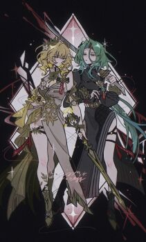 2girls aglaea_(honkai:_star_rail) belt black_dress blonde_hair breasts cleavage commentary dress egg_snail english_commentary floral_print flower frilled_sleeves frills full_body green_eyes green_hair hashtag-only_commentary high_heels holding holding_sword holding_weapon honkai:_star_rail honkai_(series) isolde_(zenless_zone_zero) laurel_crown long_hair multiple_girls short_hair sword thigh_strap very_long_hair weapon white_dress zenless_zone_zero