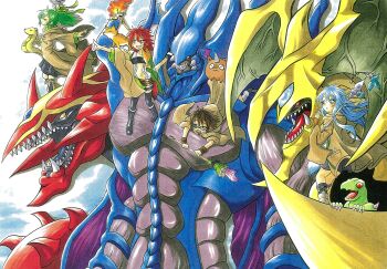 3boys 4girls absurdres artist_request aussa_the_earth_charmer behemoth behemoth_the_king_of_all_animals belt bike_shorts blank_eyes blue_eyes blue_hair blue_skin blush book bow breasts brown_eyes brown_hair chasing claws coat colored_skin commentary_request demon_tail demon_wings dragon dragon_wings duel_monster eria_the_water_charmer fang fangs female_focus fire fox fox_fire_(yu-gi-oh!) gigobyte glasses gloves glowing glowing_eyes green_eyes green_hair grin hamon_lord_of_striking_thunder highres hiita hiita_the_fire_charmer horns lizardman long_hair looking_to_the_side midriff monster multiple_boys multiple_girls muscular nature open_mouth orange_eyes outdoors partial_commentary pectorals petit_dragon ponytail raviel_lord_of_phantasms reading red_eyes red_hair red_skin robe scales sharp_teeth shoes short_hair signature size_difference skeletal_arm skirt small_breasts smile spikes squirrel sweatdrop sweater tail tears teeth thighhighs tree uria_lord_of_searing_flames what wings worried wynn_the_wind_charmer yellow_eyes yellow_skin yu-gi-oh! yu-gi-oh!_duel_monsters zettai_ryouiki