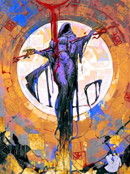 1girl blood blood_drip blood_on_clothes breasts cape decay dripping faceless_hood floating flying highres hood hooded_cape hooded_robe horror_(theme) juerucj large_breasts levitation mina_(noita) noita paint purple_robe robe ruins runes solo solo_focus thighs wet wet_clothes