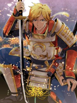 1boy alternate_weapon armor blonde_hair blue_eyes broken_moon commentary_request dou flower japanese_armor jaune_arc katana kusazuri lily_(flower) male_focus moon rwby scabbard sheath shoulder_armor sode solo sumiwow sword weapon