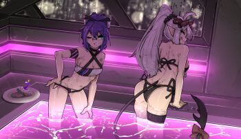 2girls absurdres ahoge ass bikini black_bikini black_scrunchie blue_hair blurry blurry_background bow breasts brown_bow candle cleavage collarbone commentary english_commentary female_focus from_behind grey_hair grin hair_between_eyes hair_ornament hair_scrunchie highres horns indie_virtual_youtuber long_hair looking_back medium_breasts melody_(projektmelody) multiple_girls navel one_eye_closed plate pointy_ears ponytail scrunchie shuuko_(s_h_uuko) smile standing stomach swimsuit tail tail_bow tail_ornament tongue tongue_out vei_(vtuber) virtual_youtuber vshojo wading water window