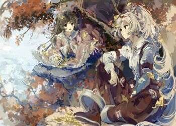 Rule 34 | 2girls, autumn, autumn leaves, boots, bow, bowtie, brown hair, closed mouth, collared shirt, commentary, frilled sleeves, frills, fujiwara no mokou, ginkgo leaf, grey hair, hair bow, highres, houraisan kaguya, leaf, long hair, long sleeves, multiple girls, ofuda, ofuda on clothes, open mouth, outdoors, pants, pink shirt, red boots, red eyes, red pants, revision, sesmkun, shirt, sitting, smile, suspenders, touhou, very long hair, white bow, white bowtie, white shirt, wide sleeves