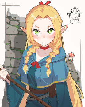 1girl absurdres blonde_hair blue_robe breasts brick_wall buttons double-breasted dungeon_meshi elf facing_viewer forehead green_eyes hair_intakes highres holding holding_staff koki_(user_caux4382) looking_at_viewer marcille_donato medium_breasts mushroom pointy_ears robe solo staff walking_mushroom_(dungeon_meshi)