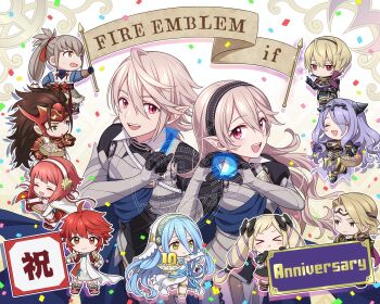 5boys 6+girls anniversary armor azura_(fire_emblem) basket black_hairband blonde_hair blue_hair blush bow breasts brother_and_sister brown_hair camilla_(fire_emblem) cape chibi cleavage closed_eyes closed_mouth dress drill_hair elbow_gloves elise_(fire_emblem) female_corrin_(fire_emblem) fingerless_gloves fire_emblem fire_emblem_fates gloves grey_hair hair_between_eyes hair_bow hair_ornament hair_over_one_eye hairband half-siblings happy_anniversary highres hinoka_(fire_emblem) hiyori_(rindou66) holding holding_basket japanese_clothes jewelry large_breasts leo_(fire_emblem_fates) long_hair looking_at_viewer male_corrin_(fire_emblem) multicolored_hair multiple_boys multiple_girls nintendo open_mouth orange_eyes pink_hair pointy_ears ponytail purple_hair red_eyes red_hair ryoma_(fire_emblem) sakura_(fire_emblem) short_hair siblings smile takumi_(fire_emblem) thighhighs tiara twin_drills twintails veil very_long_hair wavy_hair white_dress white_hair xander_(fire_emblem) yellow_eyes