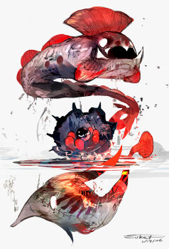 Rule 34 | absurdres, alternate color, clamperl, closed eyes, commentary request, dated, evolutionary line, fangs, fins, gen 3 pokemon, gorebyss, grey background, highres, huntail, nintendo, no humans, pokemon, pokemon (creature), shell, signature, sukepmonster, water, white eyes