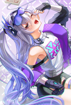 1girl black_gloves black_shorts breasts clothes_writing commentary_request fingerless_gloves gloves goggles goggles_on_head grey_eyes grey_hair grey_shirt high_ponytail highres honkai:_star_rail honkai_(series) long_hair looking_at_viewer morocha1130 official_alternate_costume one_eye_closed open_mouth ponytail shirt shorts silver_wolf_(elation)_(honkai:_star_rail) silver_wolf_(honkai:_star_rail) small_breasts solo thighs very_long_hair
