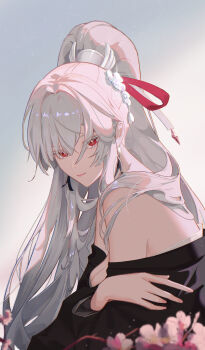 1girl absurdres alternate_costume bad_anatomy bad_hands bare_shoulders breasts cleavage closed_mouth commentary dekrjan earrings highres hiyuki_(wuthering_waves) jewelry large_breasts long_fingers long_hair looking_at_viewer looking_to_the_side off_shoulder ponytail red_eyes smile solo turning_head upper_body white_hair wuthering_waves