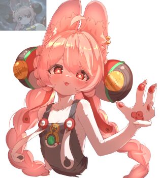 1girl ahoge animal_ear_fluff animal_ears bare_shoulders blush braid bright_pupils claws commentary ear_piercing english_commentary furry furry_female highres kyaong long_hair looking_at_viewer pawpads piercing pink_hair red_eyes smile solo thick_eyebrows tongue tongue_out twin_braids very_long_hair white_fur white_pupils zenless_zone_zero zhao_(zenless_zone_zero)