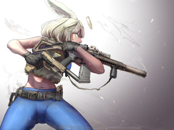 1girl absurdres ammunition_belt ammunition_pouch animal_ears assault_rifle belt blue_eyes bulletproof_vest casing_ejection character_request commentary_request copyright_request eotech extended_magazine eyewear_on_head flashlight glasses gloves grey_background gun handgun head_wings highres holding holding_gun holding_weapon holster hot laser_sight looking_to_the_side m4_carbine magazine_(weapon) midriff navel nyo551 one_side_up original pouch reflex_sight refraction rifle shell_casing short_hair sig_sauer sig_sauer_p320 smoke solo suppressor tank_top trigger_discipline vertical_foregrip weapon white_hair wings