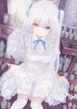 1girl blue_ribbon blush breasts closed_mouth colored_pencil_(medium) darkkanan deaf disability dress earphones eyes_visible_through_hair frilled_dress frills hair_between_eyes hair_ribbon halo hands_in_own_hair hearing_aid heterochromia highres long_hair looking_at_viewer medium_breasts original painting_(medium) pinafore_dress ribbon see-through_clothes sitting skirt sleeveless sleeveless_dress solo suspender_skirt suspenders thighhighs traditional_media twintails watercolor_(medium) white_dress white_hair