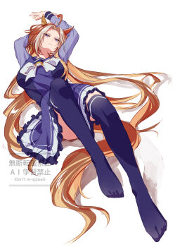 1girl animal_ears closed_mouth commentary_request ear_covers full_body highres horse_ears horse_girl horse_tail looking_at_viewer lying multicolored_hair no_shoes on_back orfevre_(umamusume) pleated_skirt purple_eyes purple_shirt purple_skirt purple_thighhighs school_uniform shirt simple_background single_ear_cover skirt solo streaked_hair tail thighhighs tracen_school_uniform two-tone_hair umamusume watermark white_background yue_(lov_n_n)