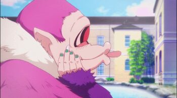 10s 3girls animated animated_gif black_hair blonde_hair blue_one-piece_swimsuit blush licking_breast breasts cyclops gorilla large_breasts licking long_tongue mermaid monkey monster monster_girl multiple_girls musaigen_no_phantom_world nail_polish o3o one-eyed one-piece_swimsuit onsen open_mouth red_hair round_teeth subtitled swimsuit teeth tongue tongue_out what