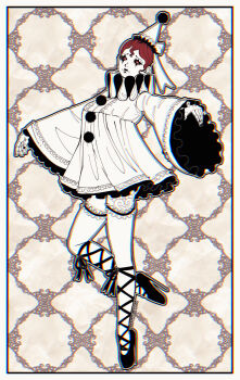 Rule 34 | 1girl, ballerina, ballet, ballet boots, blackberreh-art, bow, clown, clown makeup, design speculation, doll joints, dress, en pointe, eyelashes, full body, hat, highres, joints, lips, long sleeves, looking at viewer, makeup, mannequin, neck ruff, nikola orsinov, pierrot, red eyes, red hair, short hair, smile, solo, the magnus archives