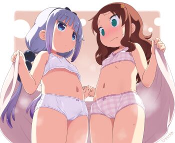 2girls @_@ blue_eyes blunt_bangs blush bra breasts brown_hair cameltoe checkered_bra checkered_clothes checkered_panties embarrassed flower green_eyes hair_bobbles hair_flower hair_ornament hiro_hiroki holding_hands kanna_kamui kobayashi-san_chi_no_maidragon kodomo_doushi loli multiple_girls navel panties plaid_clothes plaid_panties saikawa_riko small_breasts sphere_hair_ornament thighs underwear underwear_only wavy_mouth white_bra white_hair white_panties yuri