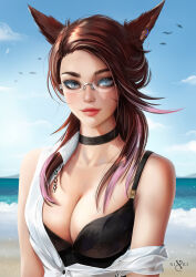 Rule 34 | 1girl, animal ears, black bra, black choker, blue eyes, bra, breasts, brown hair, cat ears, choker, cleavage, commission, crescent, crescent earrings, day, earrings, final fantasy, final fantasy xiv, glasses, jewelry, large breasts, lips, long hair, looking at viewer, miqo&#039;te, multicolored hair, nixri, outdoors, partially unbuttoned, pink hair, rimless eyewear, shirt, solo, streaked hair, unbuttoned, unbuttoned shirt, underwear, upper body, warrior of light (ff14), white shirt