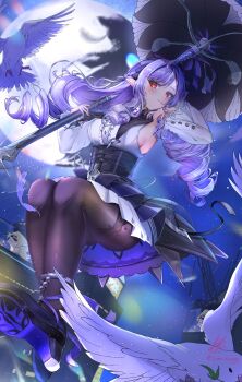 1girl absurdres bird black_corset black_pantyhose blush breasts clothing_cutout commentary_request corset detached_sleeves dove high_heels highres holding holding_umbrella jewelry long_hair long_sleeves looking_at_viewer medium_breasts oumu_kasasagi pantyhose parted_lips purple_hair red_eyes shirt side_cutout sideboob skirt solo umbrella very_long_hair vivian_banshee wavy_hair white_shirt white_skirt white_sleeves zenless_zone_zero