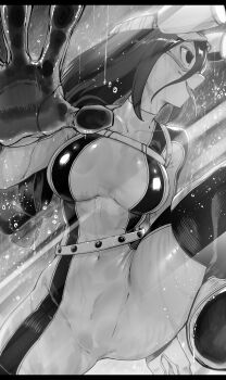 1girl absurdres against_glass asui_tsuyu asui_tsuyu_(hero_outfit) bodysuit boku_no_hero_academia breasts covered_navel frog_girl goggles goggles_on_head greyscale highres large_breasts long_hair long_tongue monochrome niwarhythm rain skin_tight solo superhero_costume tongue tongue_out window