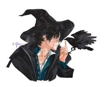 1boy amon_(lord_of_the_mysteries) bird black_bird black_hair black_hat black_robe blue_shirt commentary cropped_shoulders crow curtained_hair english_commentary hat highres index_finger_raised lord_of_the_mysteries male_focus monocle monocle_chain open_clothes open_robe partially_unbuttoned profile robe shirt short_hair signature simple_background smile solo upper_body wavy_hair white_background white_shirt witch_hat xuxu_(tsutsuji129)